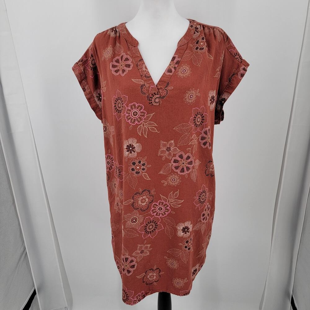 Ana Dress Womens Large Linen Blend Rust Orange Floral Pockets Shift V Neck